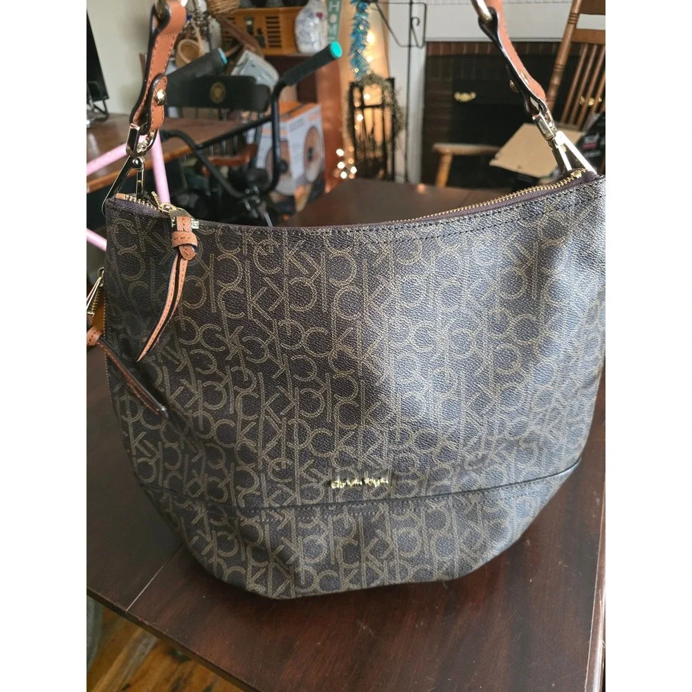 Calvin Klein Brown Monogram Logo Hobo Shoulder Bag Gold Hardware Large